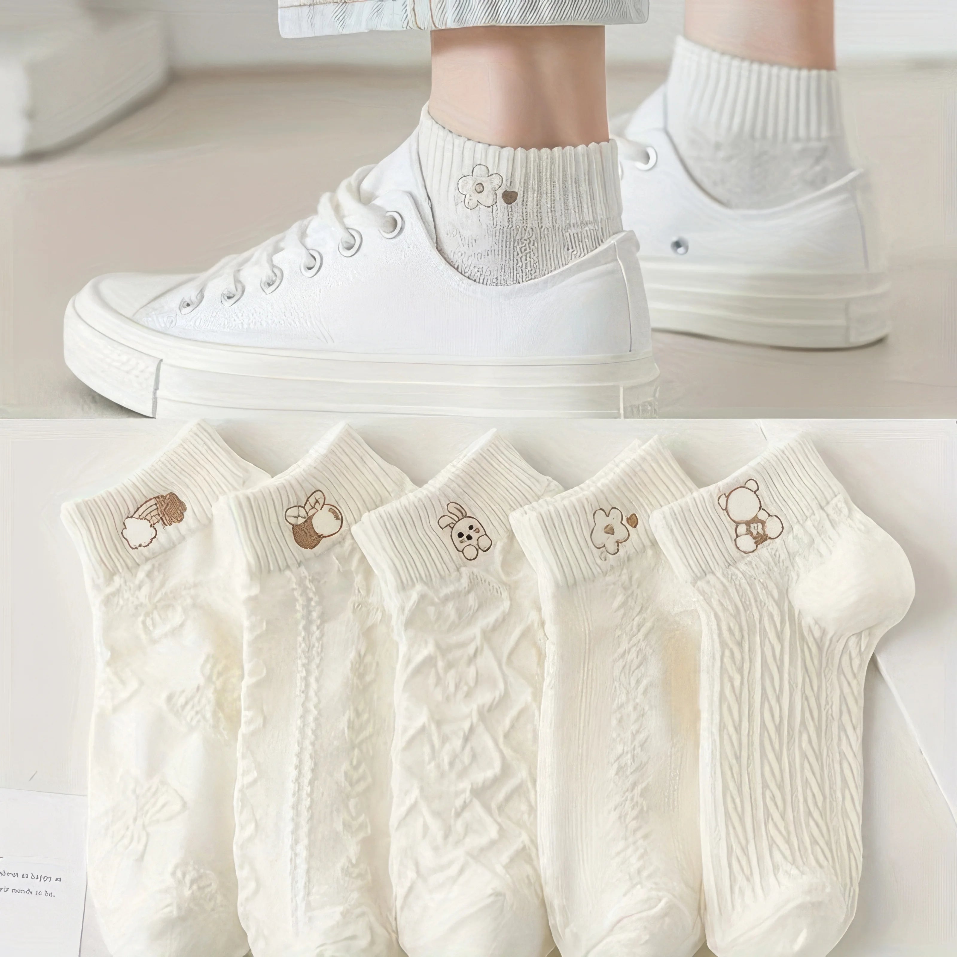 5-Pairs Cute Bunny Cartoon Ankle Socks for Women & Girls