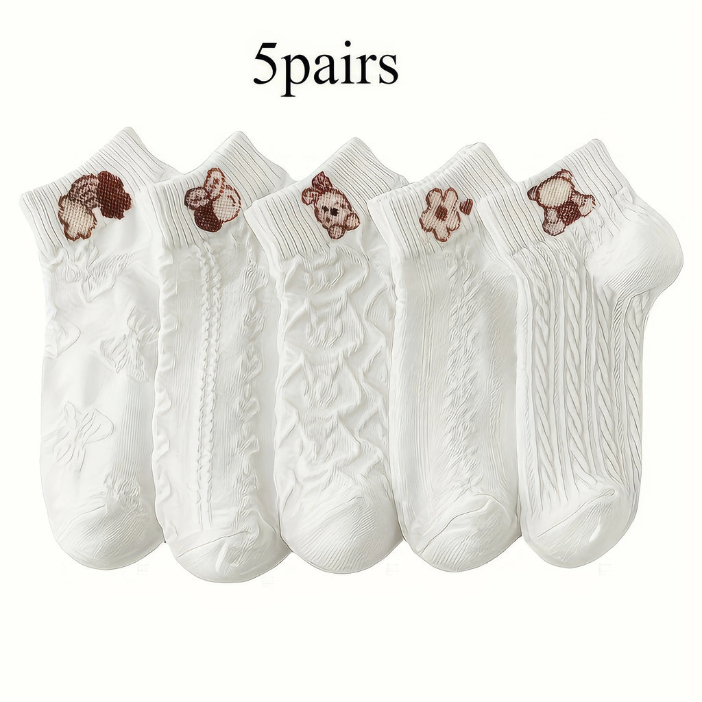 5-Pairs Cute Bunny Cartoon Ankle Socks for Women & Girls