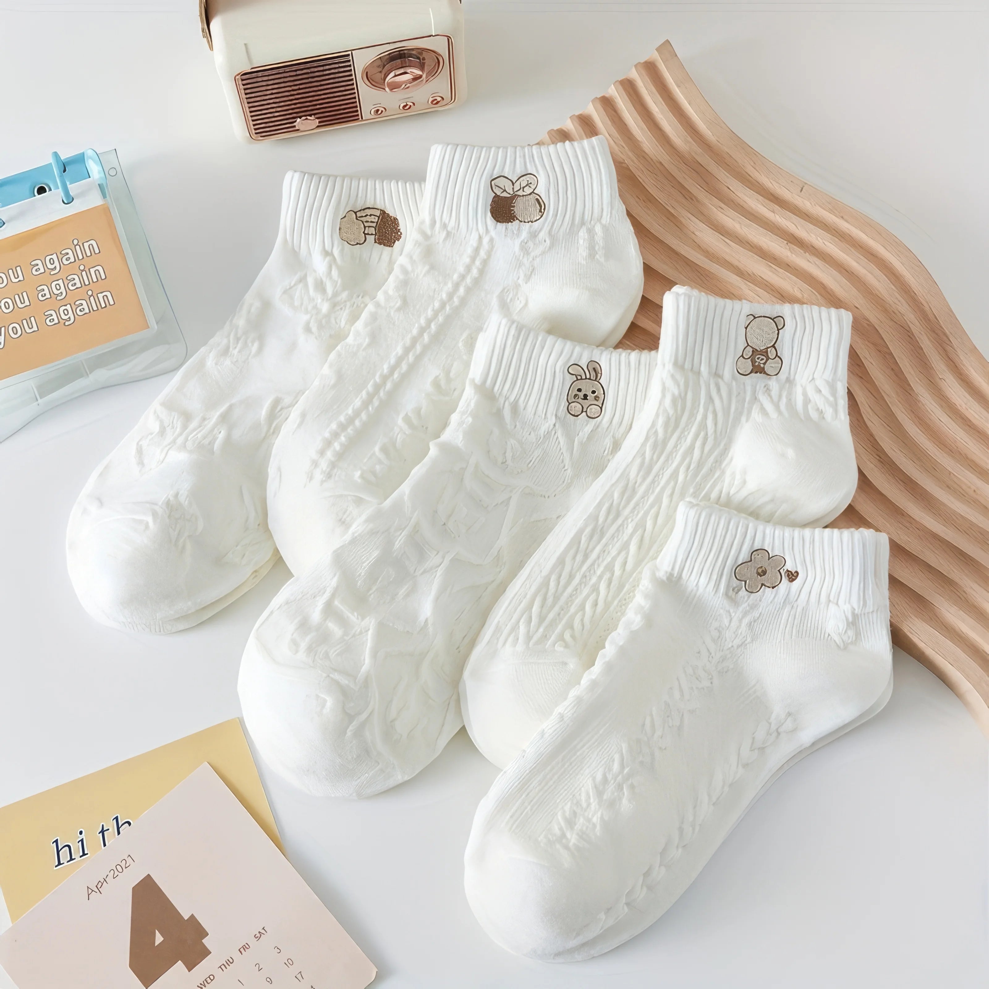 5-Pairs Cute Bunny Cartoon Ankle Socks for Women & Girls