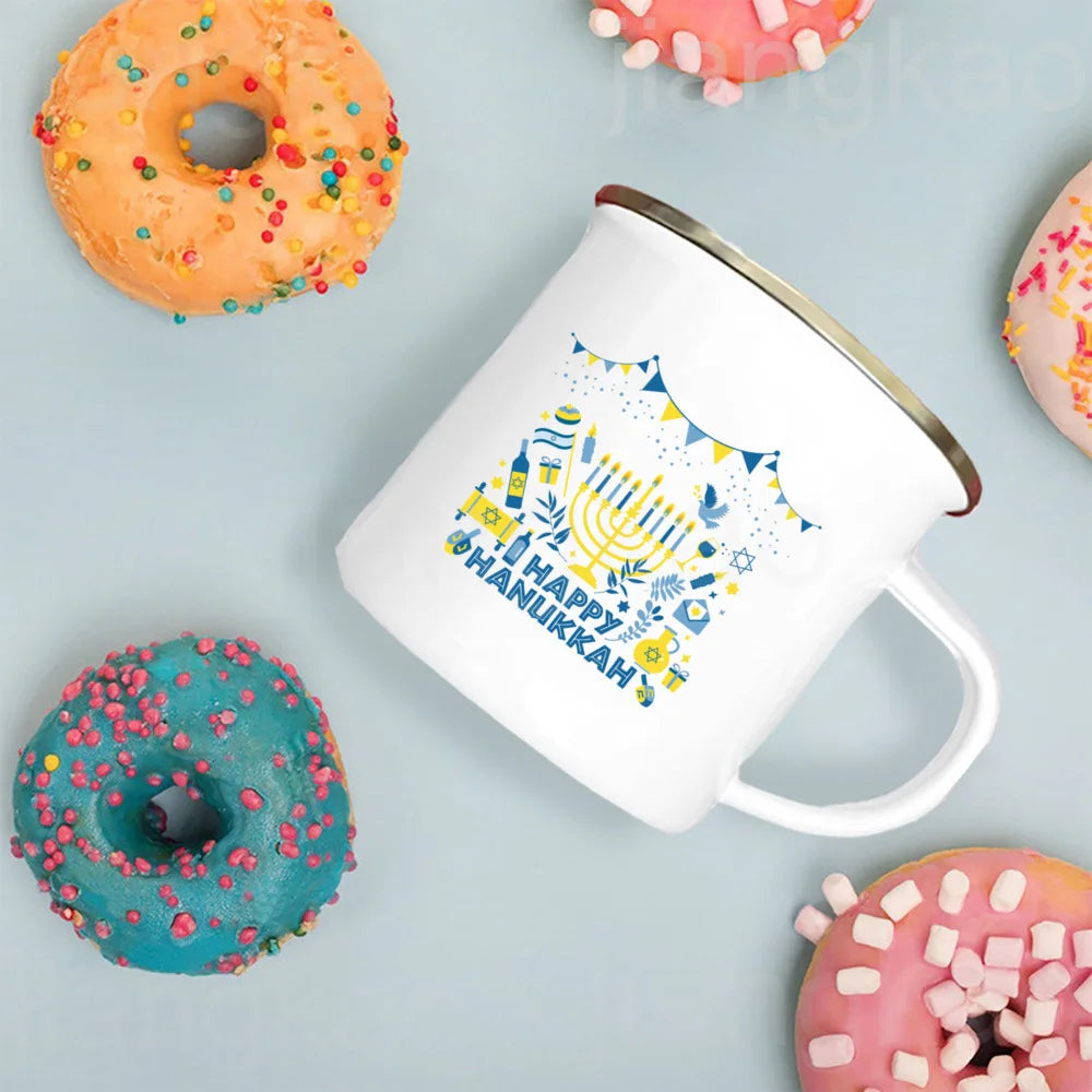 Happy Hanukkah Print Enamel Mugs