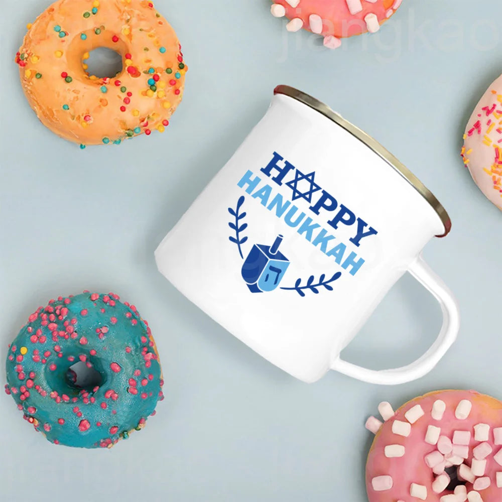 Happy Hanukkah Print Enamel Mugs