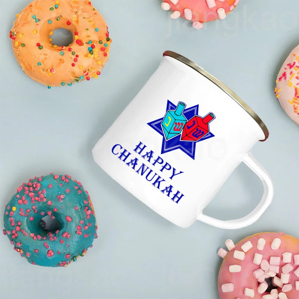 Happy Hanukkah Print Enamel Mugs