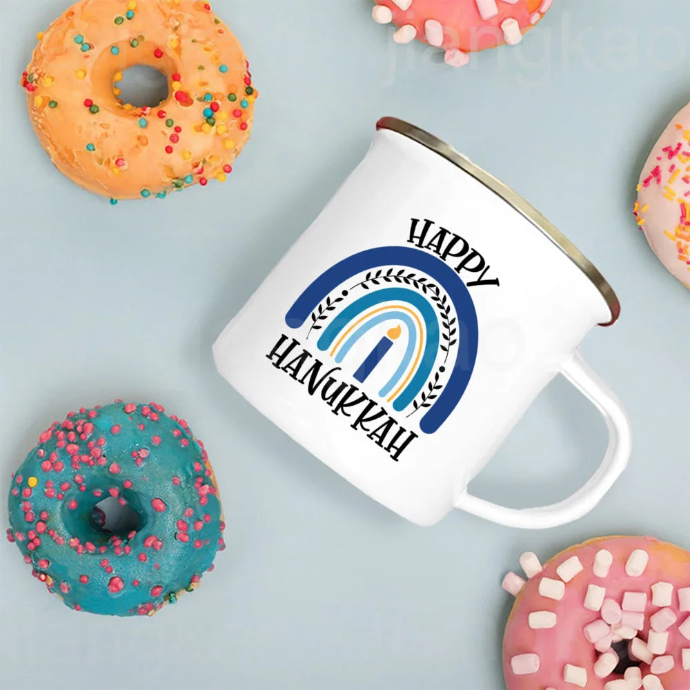 Happy Hanukkah Print Enamel Mugs