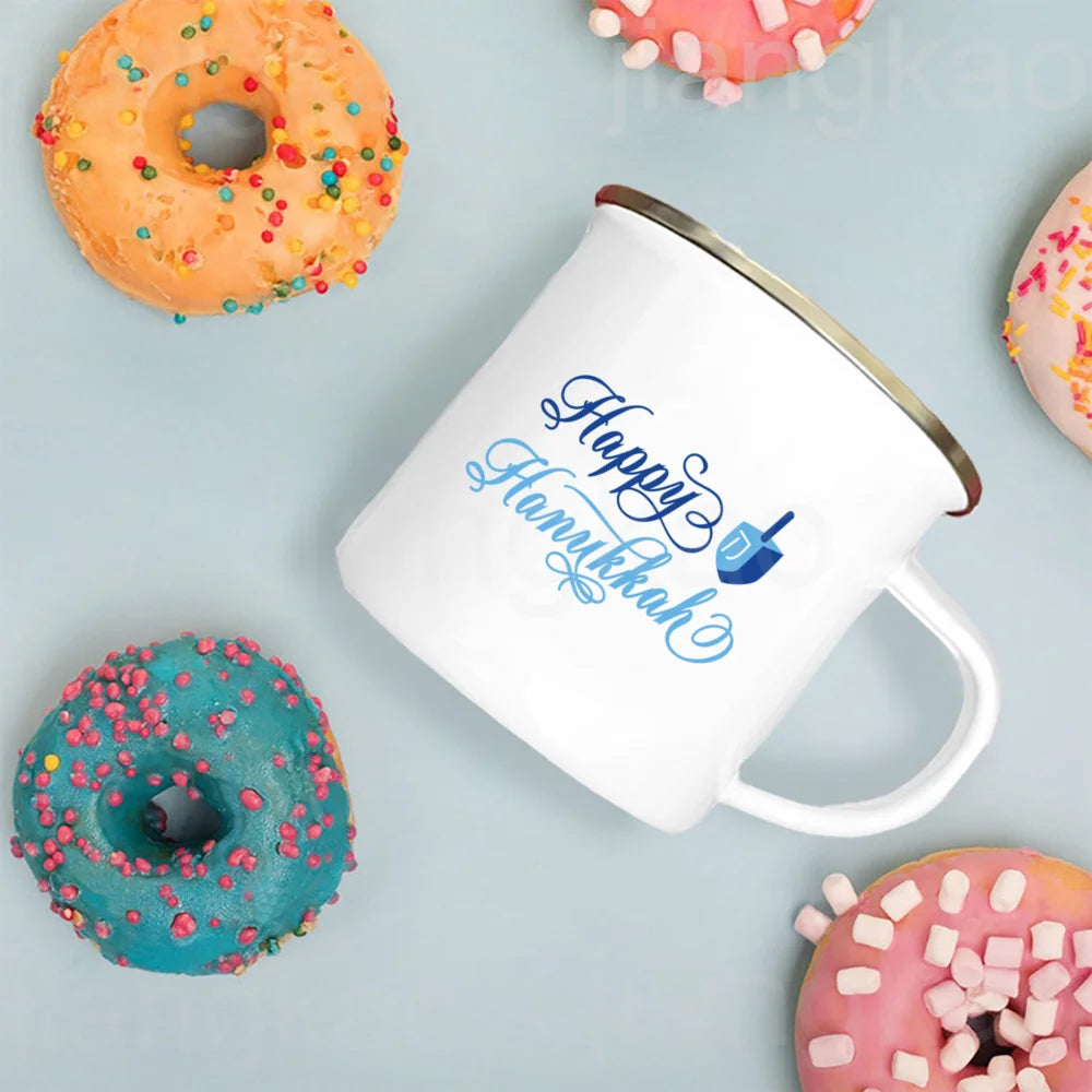 Happy Hanukkah Print Enamel Mugs