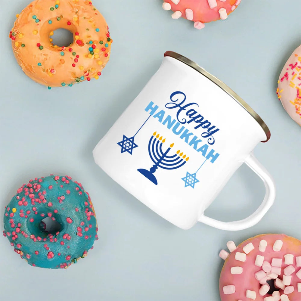 Happy Hanukkah Print Enamel Mugs