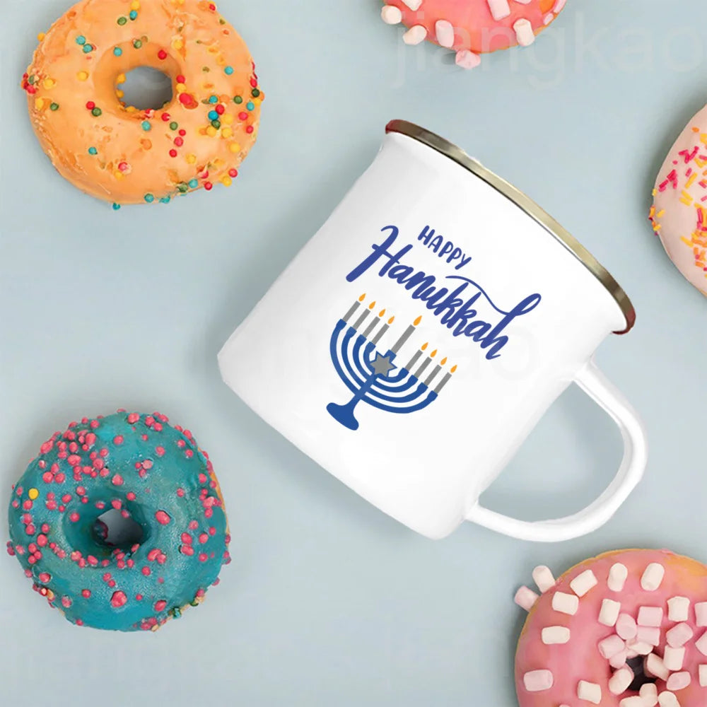 Happy Hanukkah Print Enamel Mugs