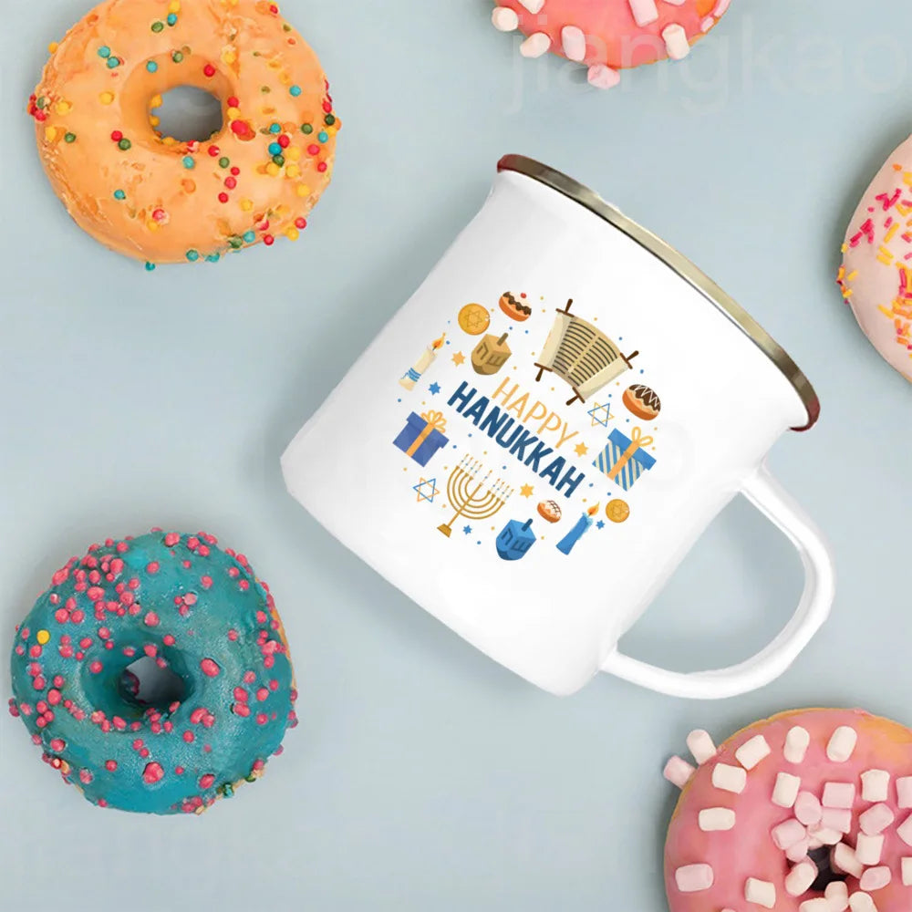 Happy Hanukkah Print Enamel Mugs