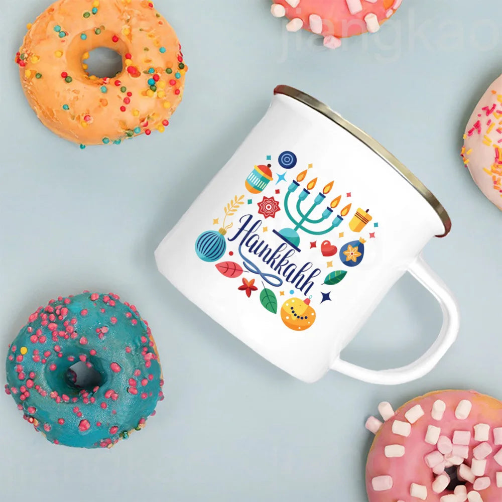 Happy Hanukkah Print Enamel Mugs