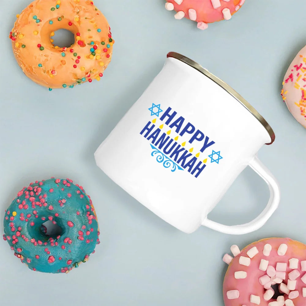 Happy Hanukkah Print Enamel Mugs