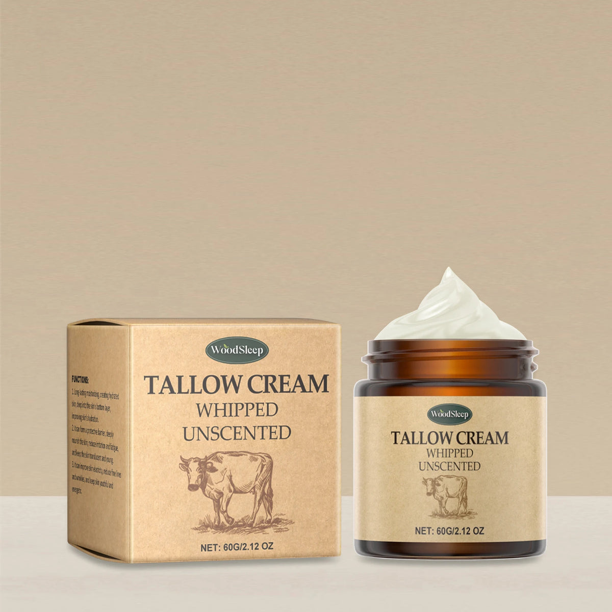 Natural Tallow Cream WoodSleep Unscented, Fragrance Free Face Cream for Sensitive Skin and Daily Moisturizing